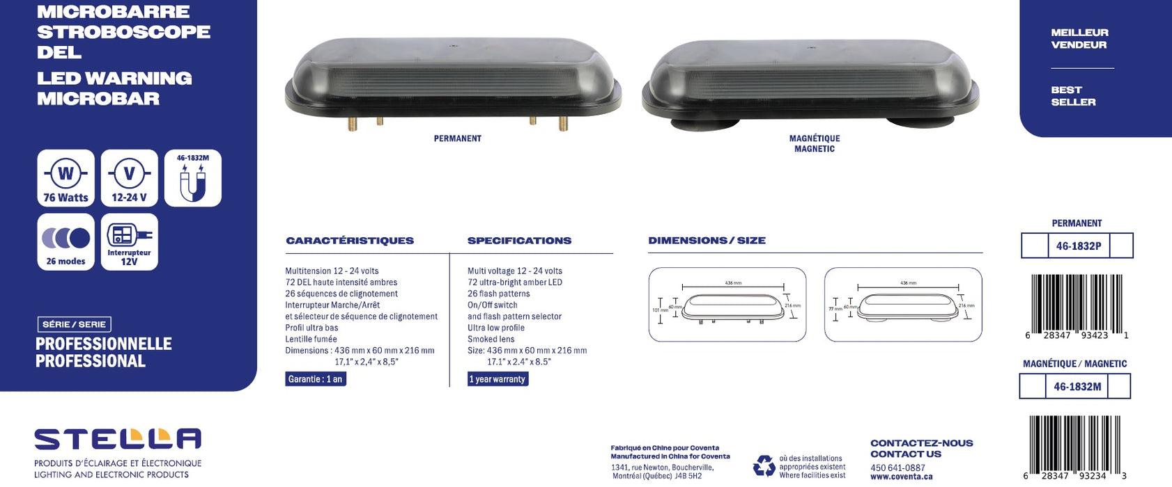 LED WARNING MICROBAR SMOKED 17" 76 W MAGNETIC PROFESSIONAL SERIES STELLA