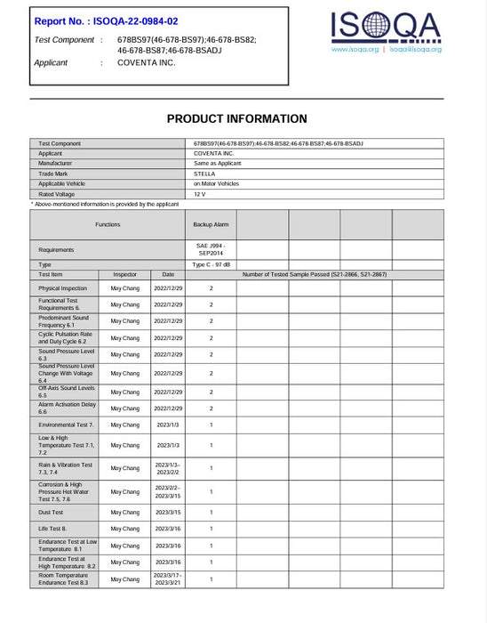 87 DB WHITE NOISE BACK UP ALARM HIGH PERFORMANCE SERIES