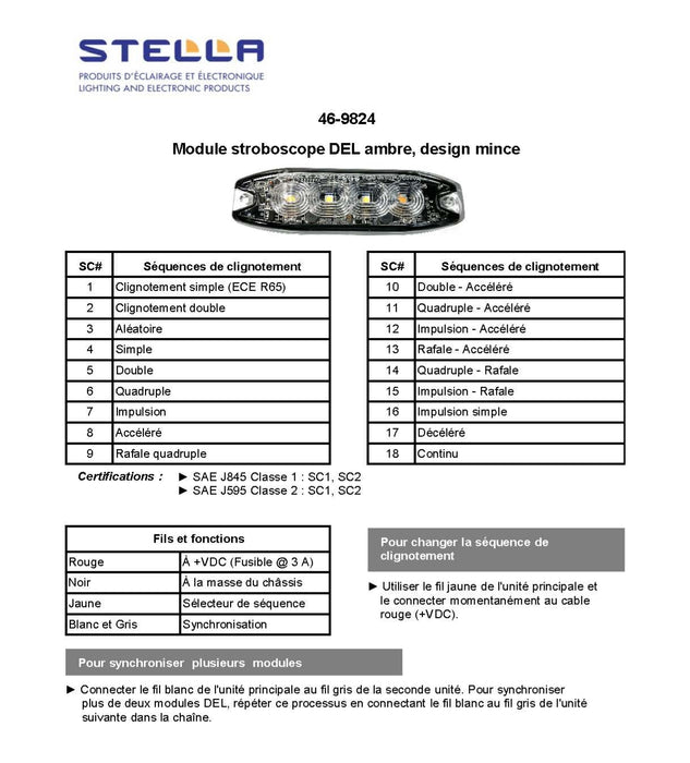 MODULE STROBOSCOPE DEL AMBRE SERIE HAUTE PERFORMANCE SAE CLASSE 1 STELLA