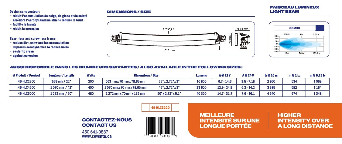 BARRE COURBÉE 32" SÉRIE LUX SUPÉRIEUR SANS CONTOUR 300 W COMBO