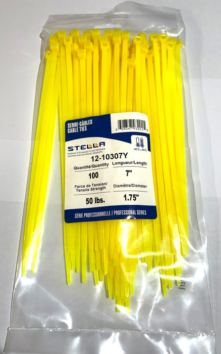 CABLE TIE, PROFESSIONAL SERIES YELLOW,7. IN, 50LBS, 100 UNITS