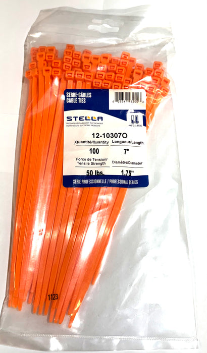 CABLE TIE, ORANGE PROFESSIONAL SERIES, 7 IN, 50 LBS, 100 UNIT
