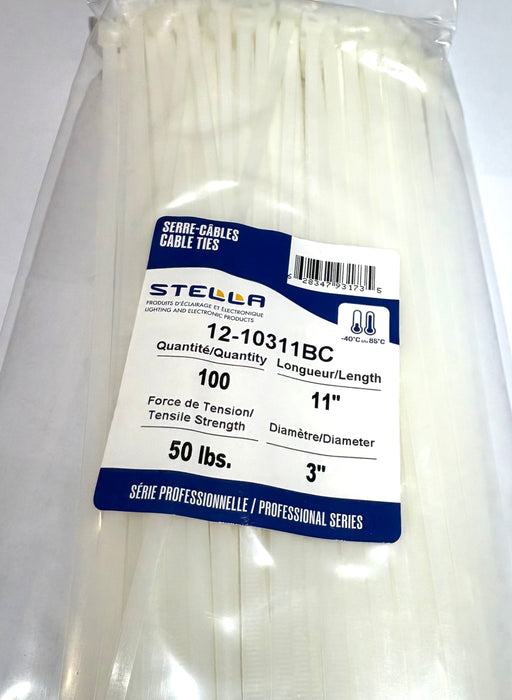 100 11'' WHITE 50 LBS CABLE TIES