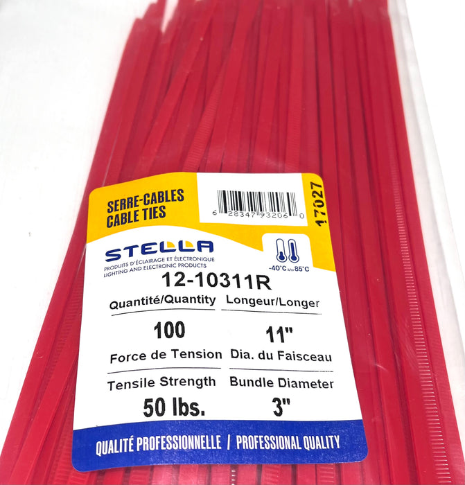 CABLE TIE, PROFESSIONAL SERIES RED, 11 IN, 50 LBS, 100 UNITS