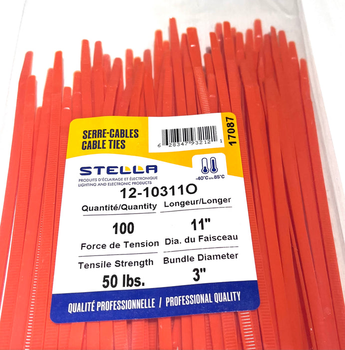 CABLE TIE, ORANGE PROFESSIONAL SERIES, 11 IN, 50 LBS, 100 UNITS